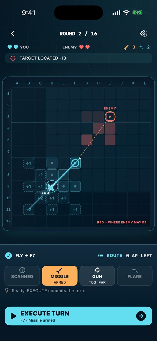 Radar contact: enemy located, missile armed along the chosen route