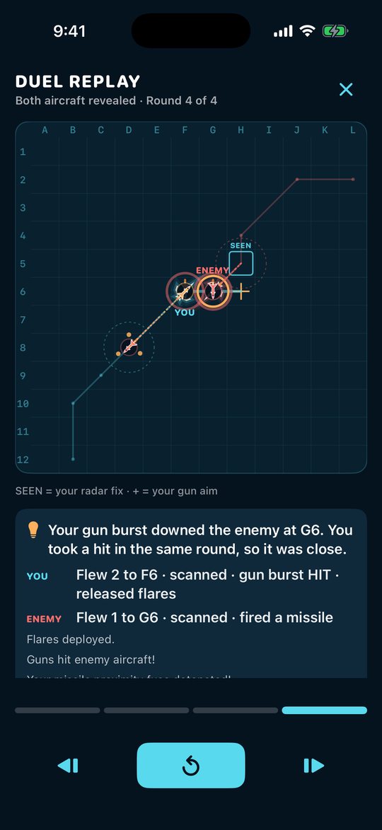 Duel replay revealing both aircraft round by round