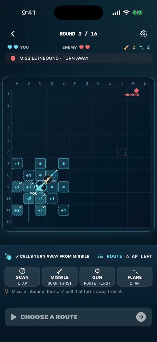 Missile inbound: cells marked with a check turn away from it