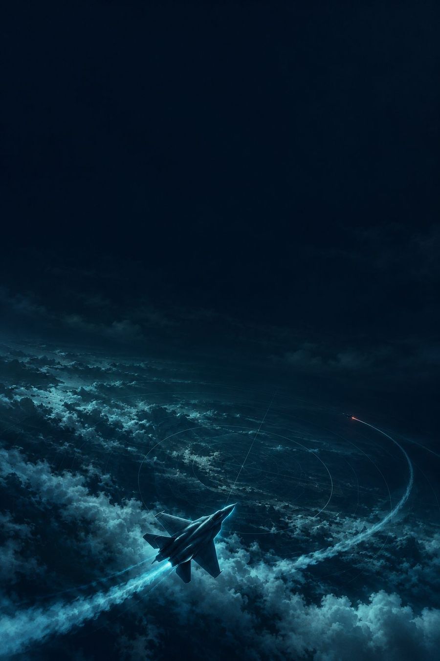 Key art: a fighter jet banking low over clouds at dusk